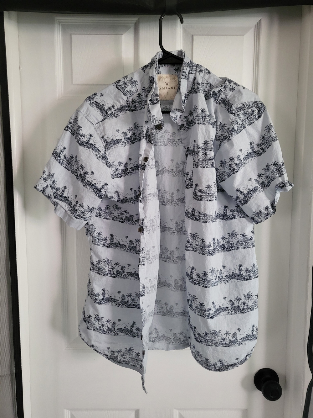 Casual Short-Sleeve Palm Print Button-Down Shirt - White/Black